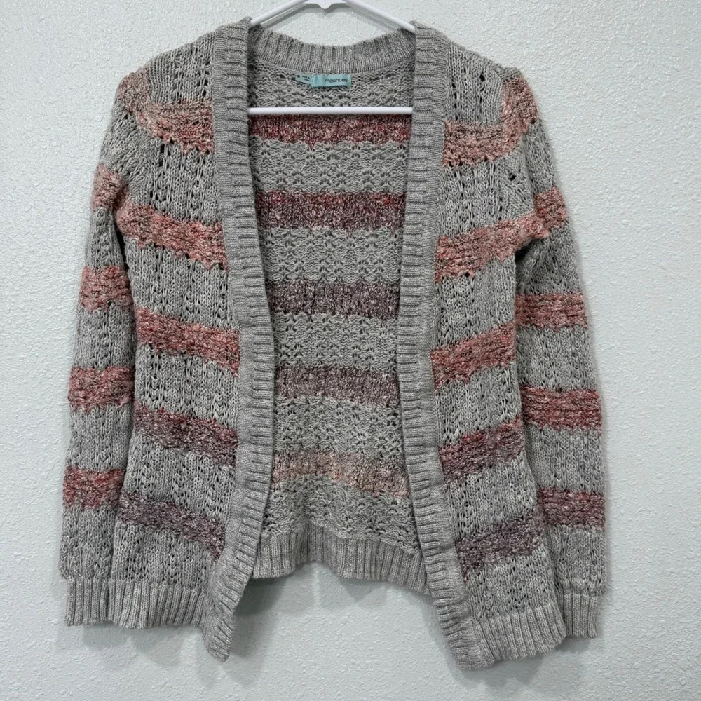 maurices Striped‎ Open Front Knit Cardigan Sweater Gray Pink Purple Women's M